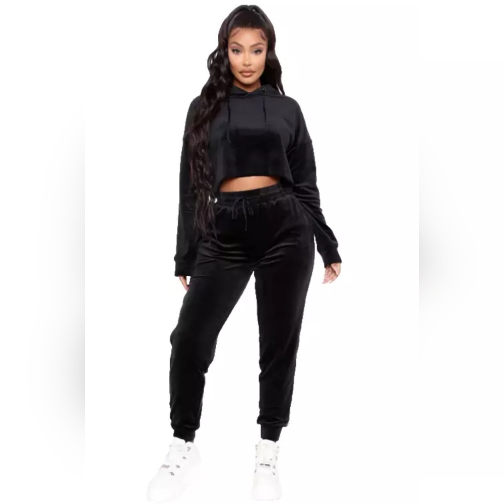 Women's Black Hoodie Velour Jogger Set
